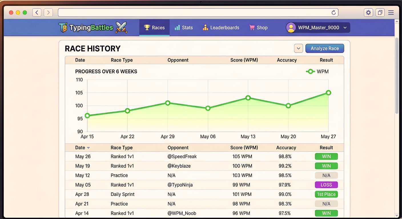 Screenshot of TypingBattles race history showing multiple scores between 95 and 105 WPM over several weeks.