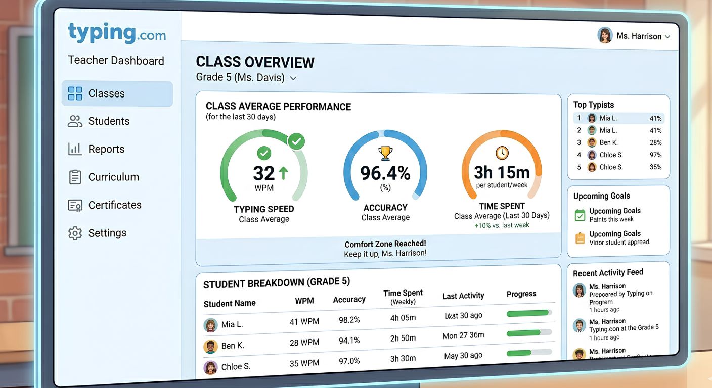 Screenshot of Typing.com teacher dashboard showing class average speed, accuracy, and time spent typing.