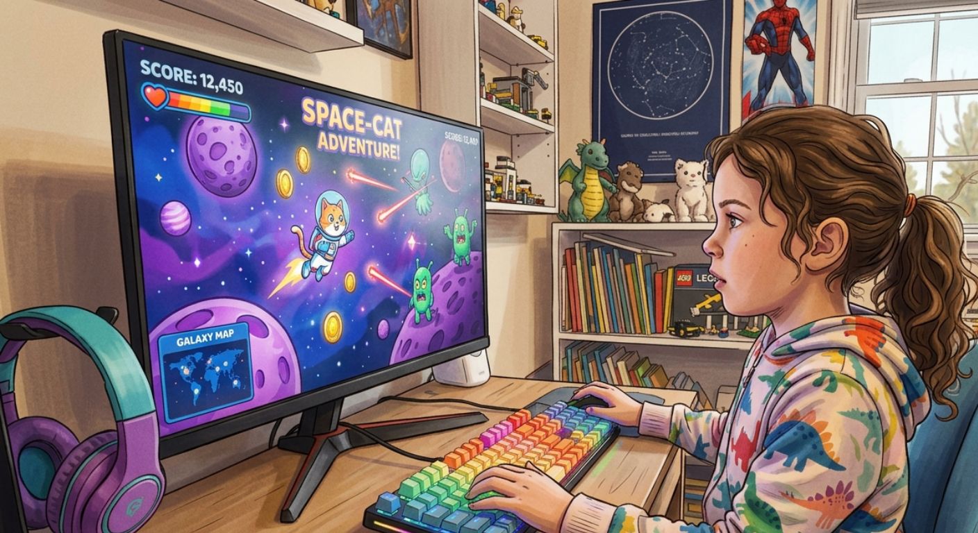 Child sitting at a computer, typing on keyboard with a colorful game on the monitor.