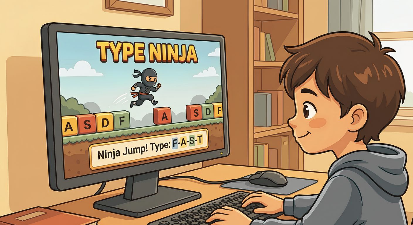 Child sitting at a computer, typing on keyboard with Type Ninja game visible on the monitor.