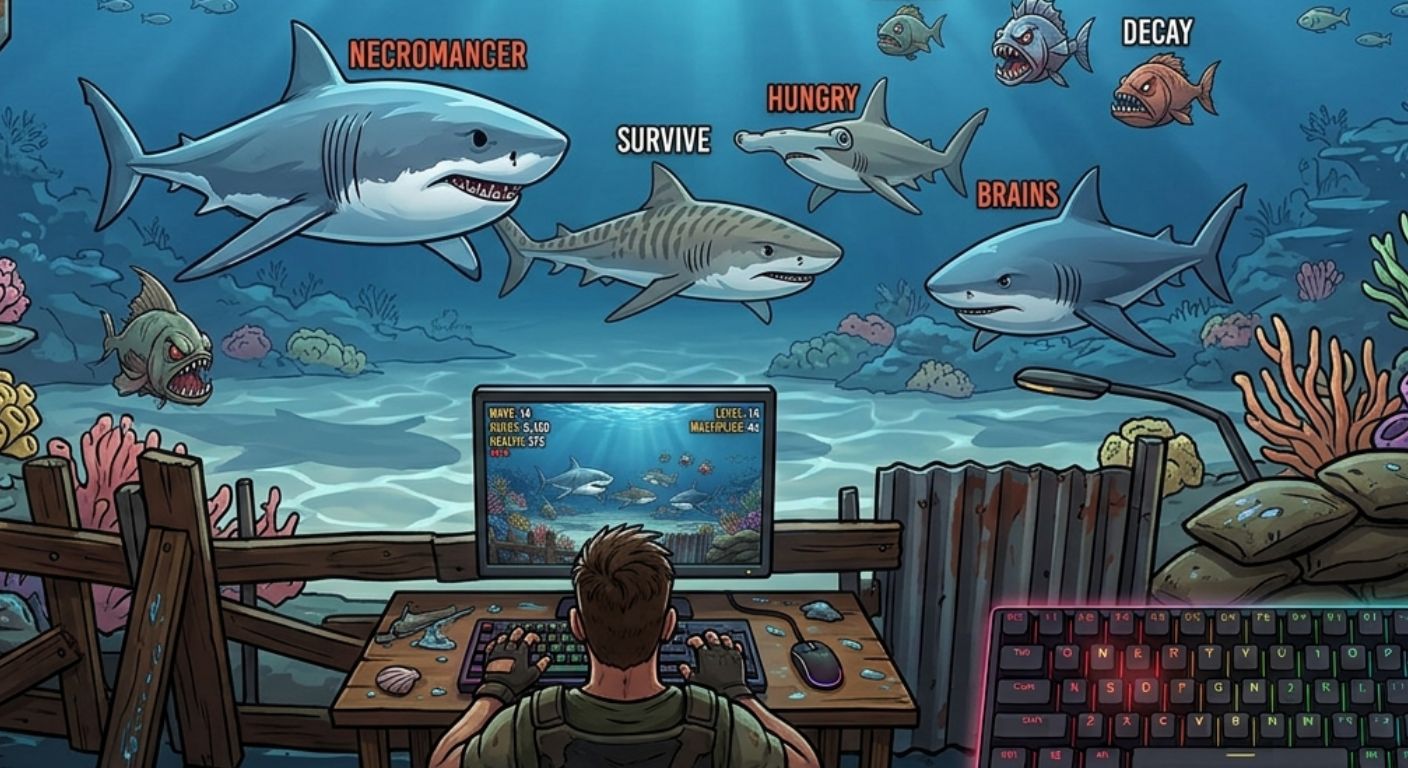 Screenshot of Typer Shark game showing sharks with words approaching the player underwater.