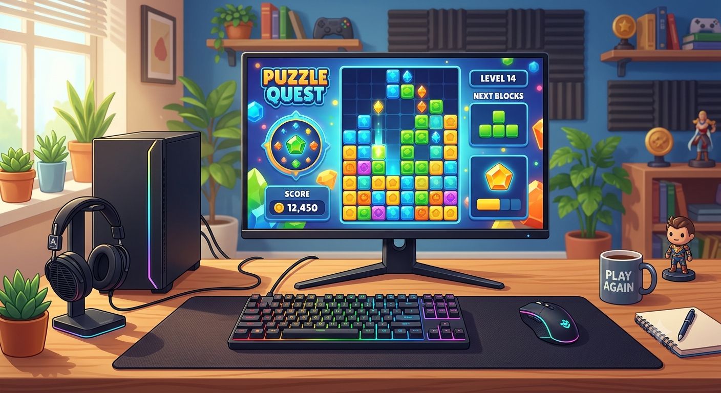 Computer setup with keyboard and mouse, monitor showing a colorful puzzle game.
