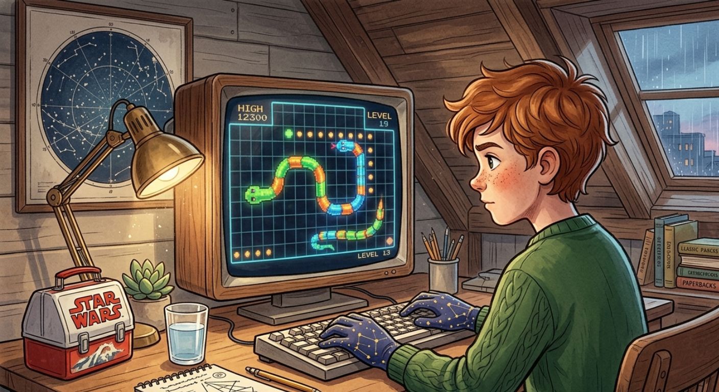 Child sitting at a computer, typing, with a snake game visible on the monitor.
