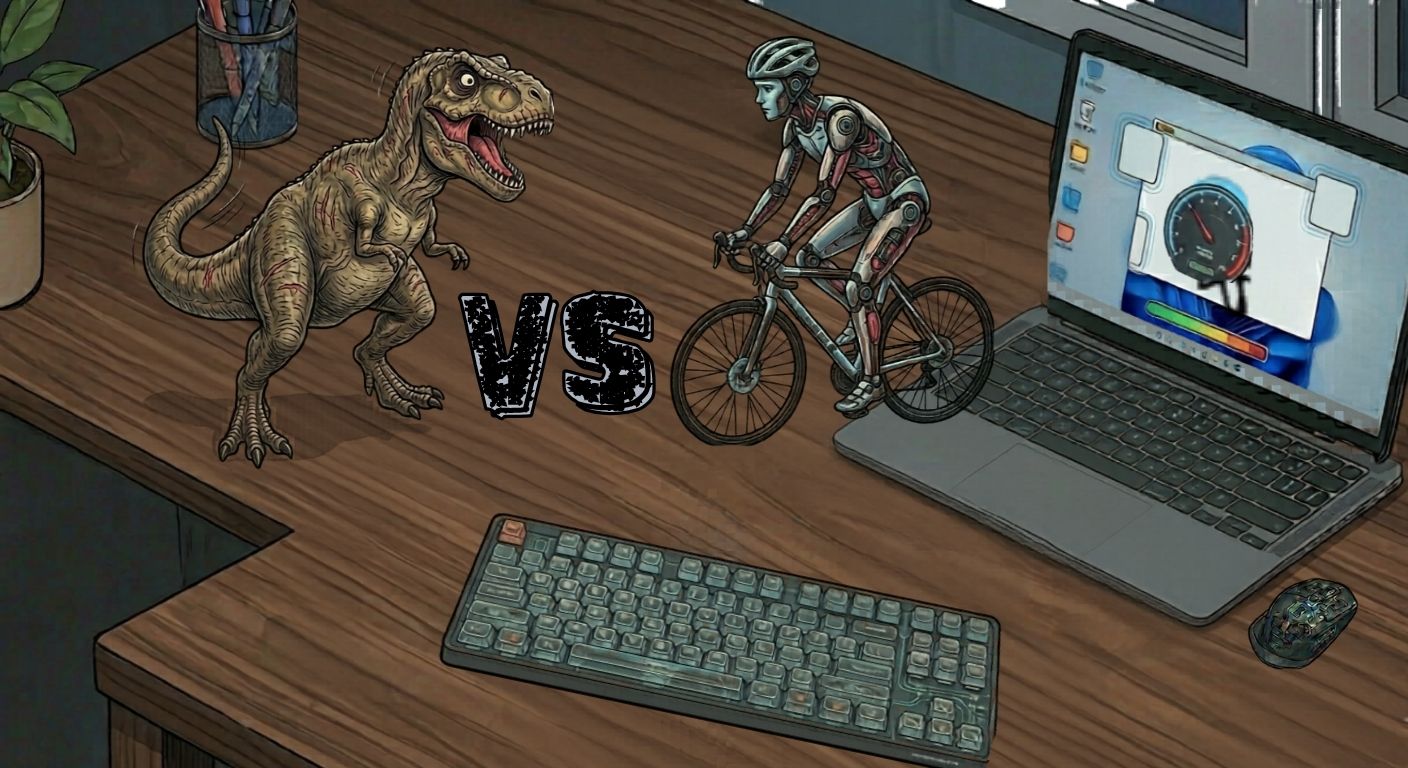 Illustration of frantic dinosaur and calm bike rider facing each other with "vs" between them.
