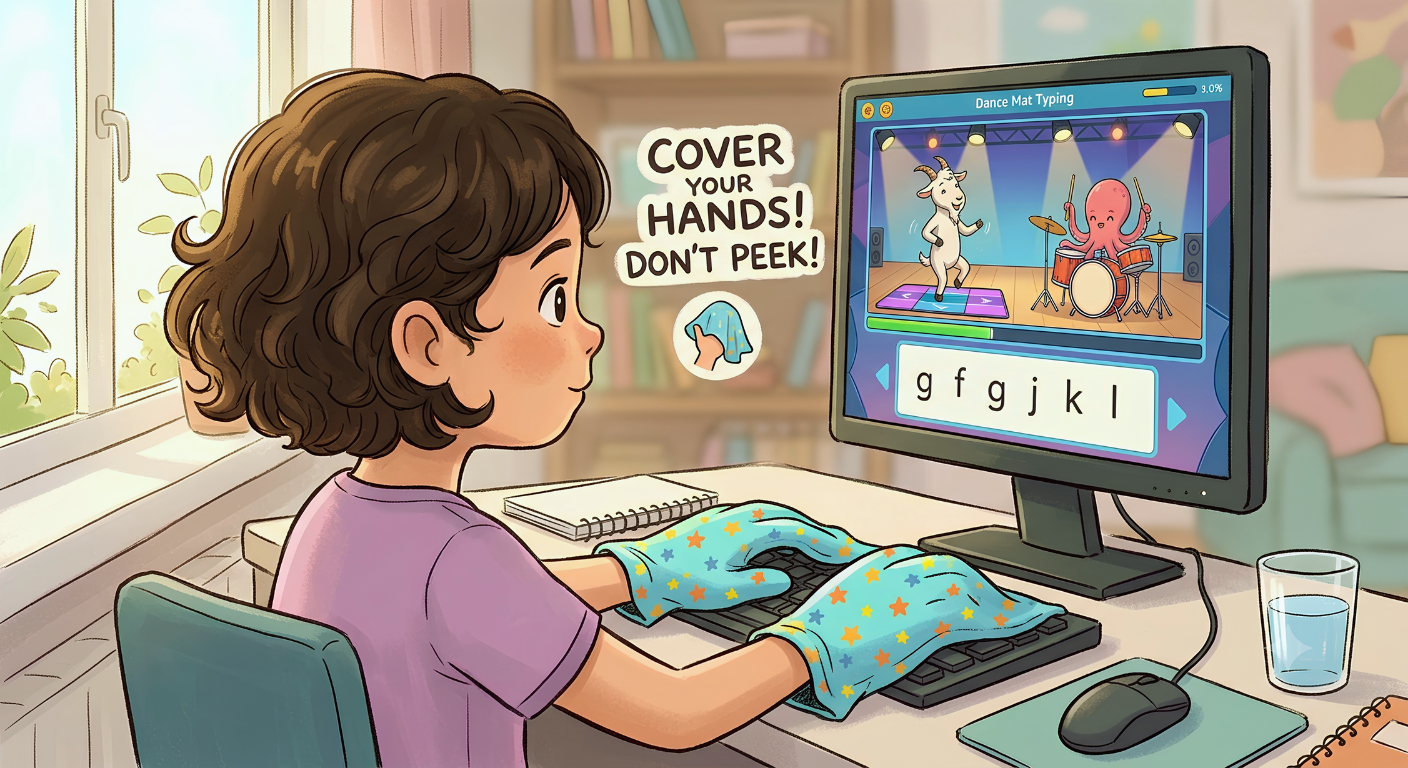 Child typing on a keyboard with hands covered by a cloth to prevent looking down.