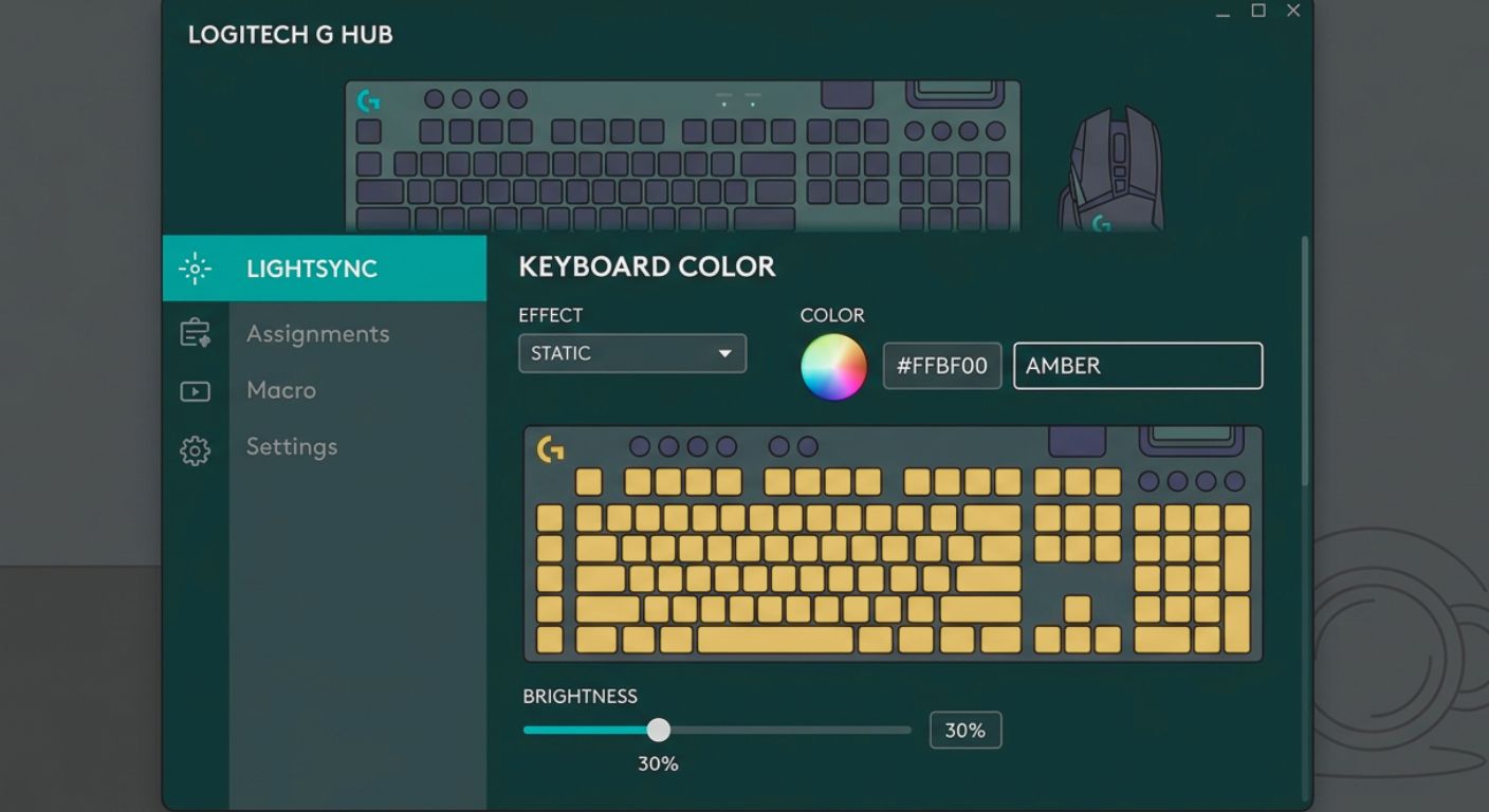 Logitech G Hub software showing brightness 30%, static amber color selected.