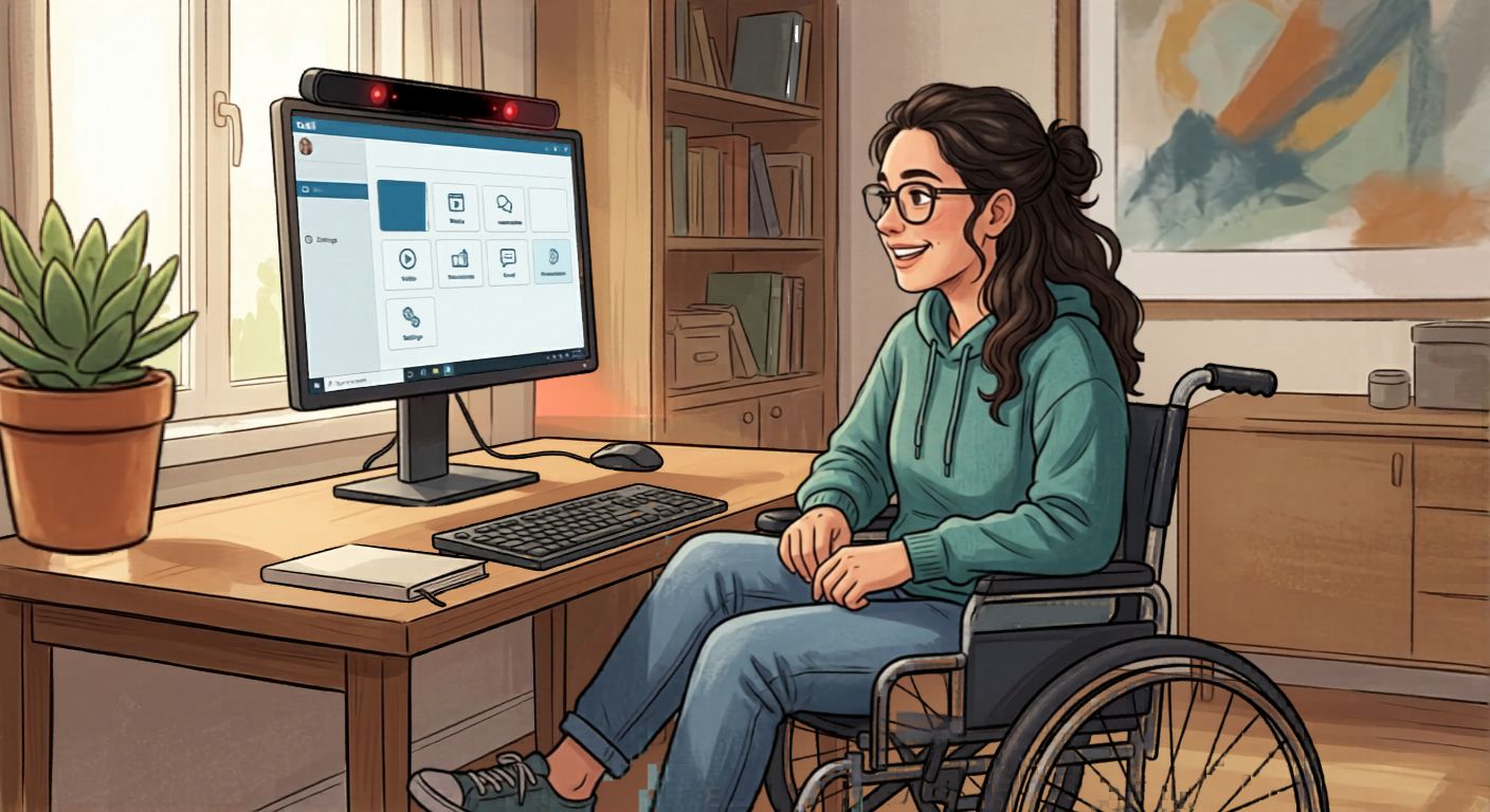 Person sitting in a wheelchair, looking at a screen, with an eye tracking camera below the monitor.