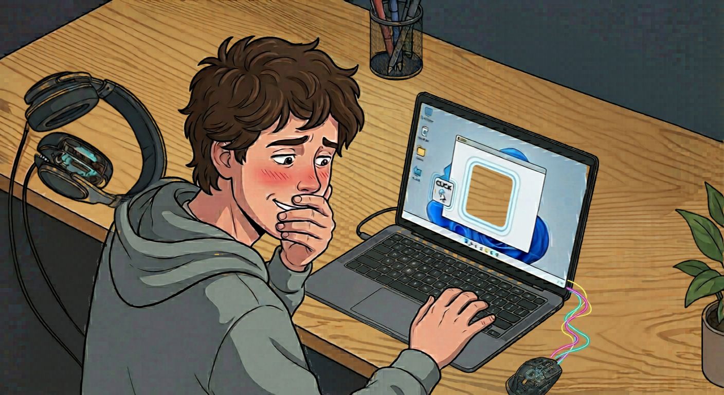 Person typing at desk, looking slightly embarrassed, click icons.