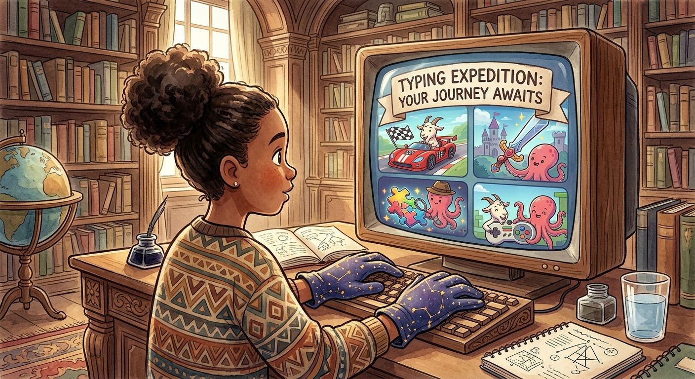Typing game categories: racing (car icon), adventure (sword icon), puzzle (puzzle piece icon), classic (game controller icon).