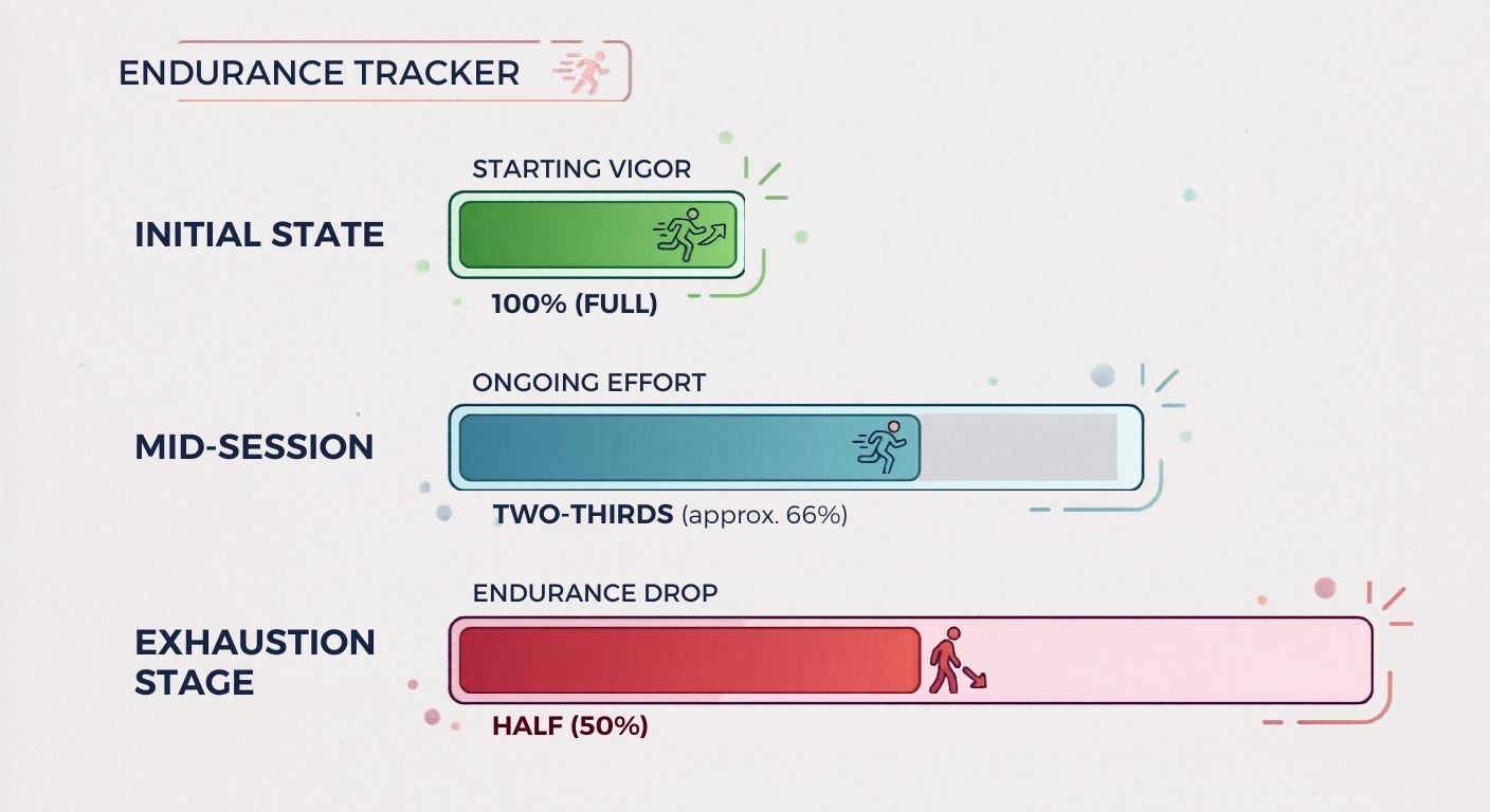 Three horizontal progress bars: short (full), medium (two thirds), long (half) to illustrate endurance drop.