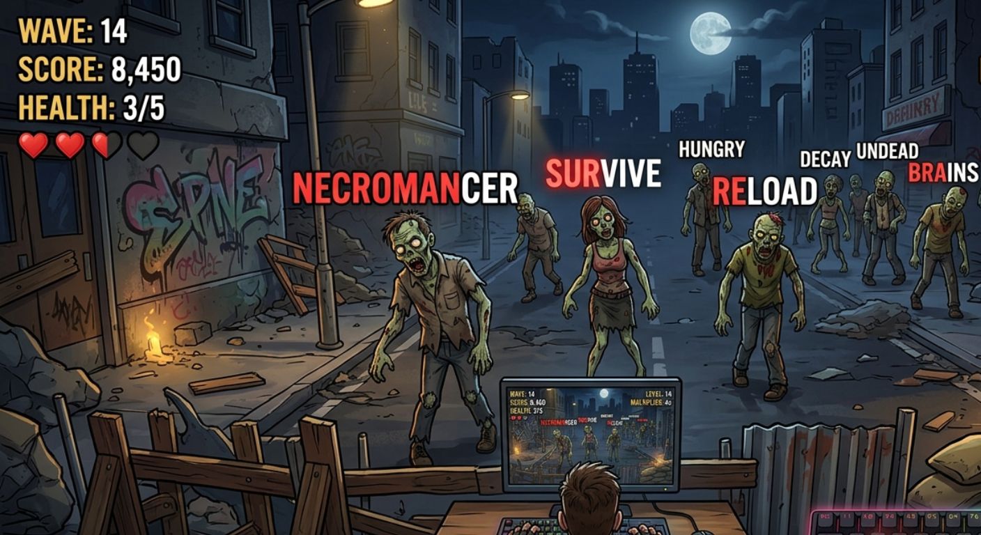 Screenshot of a zombie typing game showing zombies with words approaching the player.