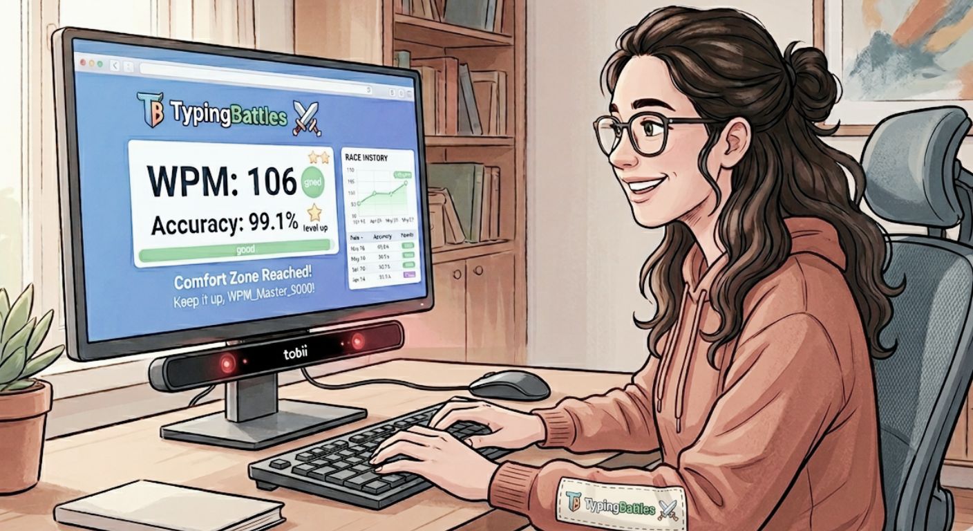 Person sitting at a desk, smiling, typing, with monitor showing a comfortable WPM score.