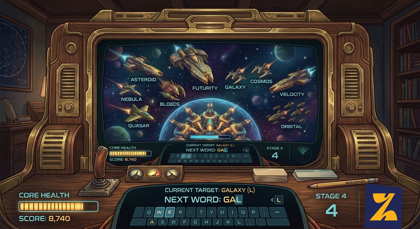 Screenshot of Zed Type showing enemy ships with words approaching the core.